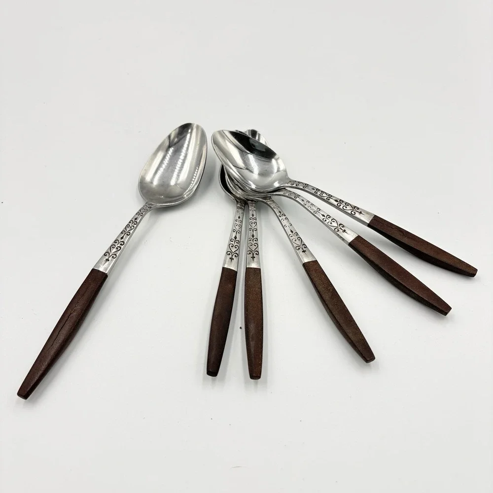 Interpur MCM Set-Spoons Stainless Faux Wood Handle‎ 5 Teaspoons 1 Tablespoon Rd